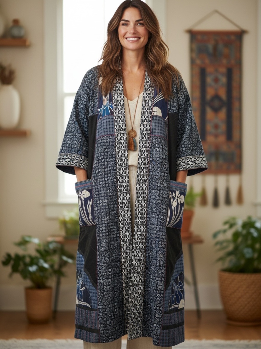 Long Line Quilted Midi length Art To Wear Duster Jacket Women X-Small to Small